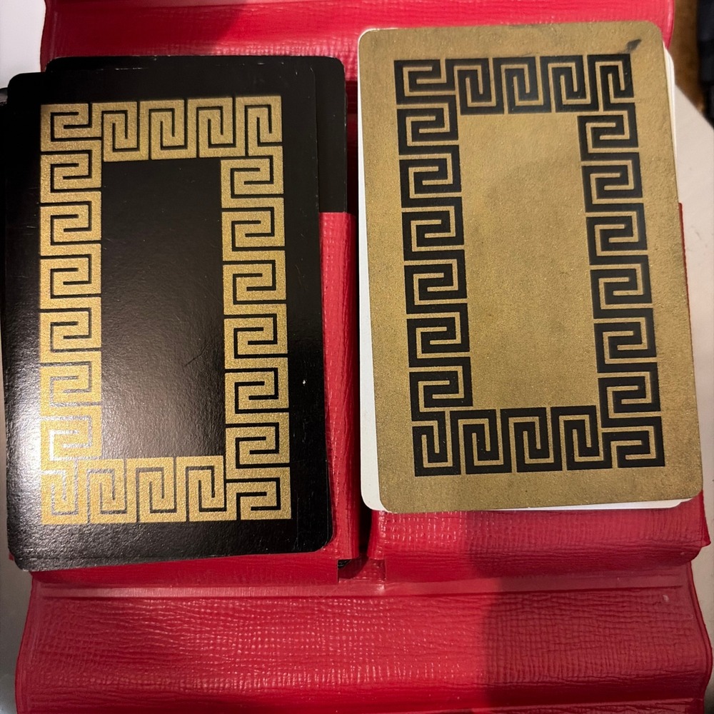 Vintage Red Case Bridge Set Playing Cards Case Greek Key Gold Black Two Decks - Picture 2 of 7